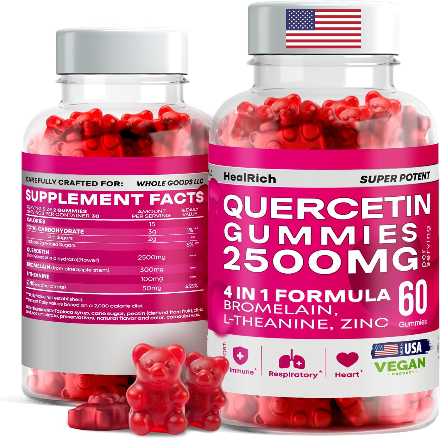 Immune Support Quercetin Gummies - 2500MG with Bromelain & L-Theanine for Allergy Relief & Lung Health - Kids & Adults