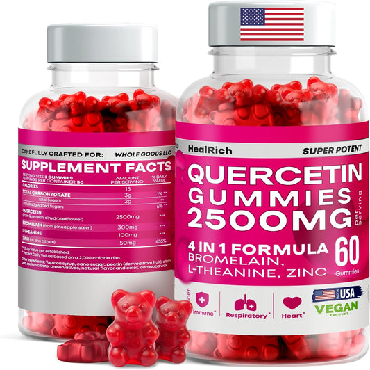 Immune Support Quercetin Gummies - 2500MG with Bromelain & L-Theanine for Allergy Relief & Lung Health - Kids & Adults