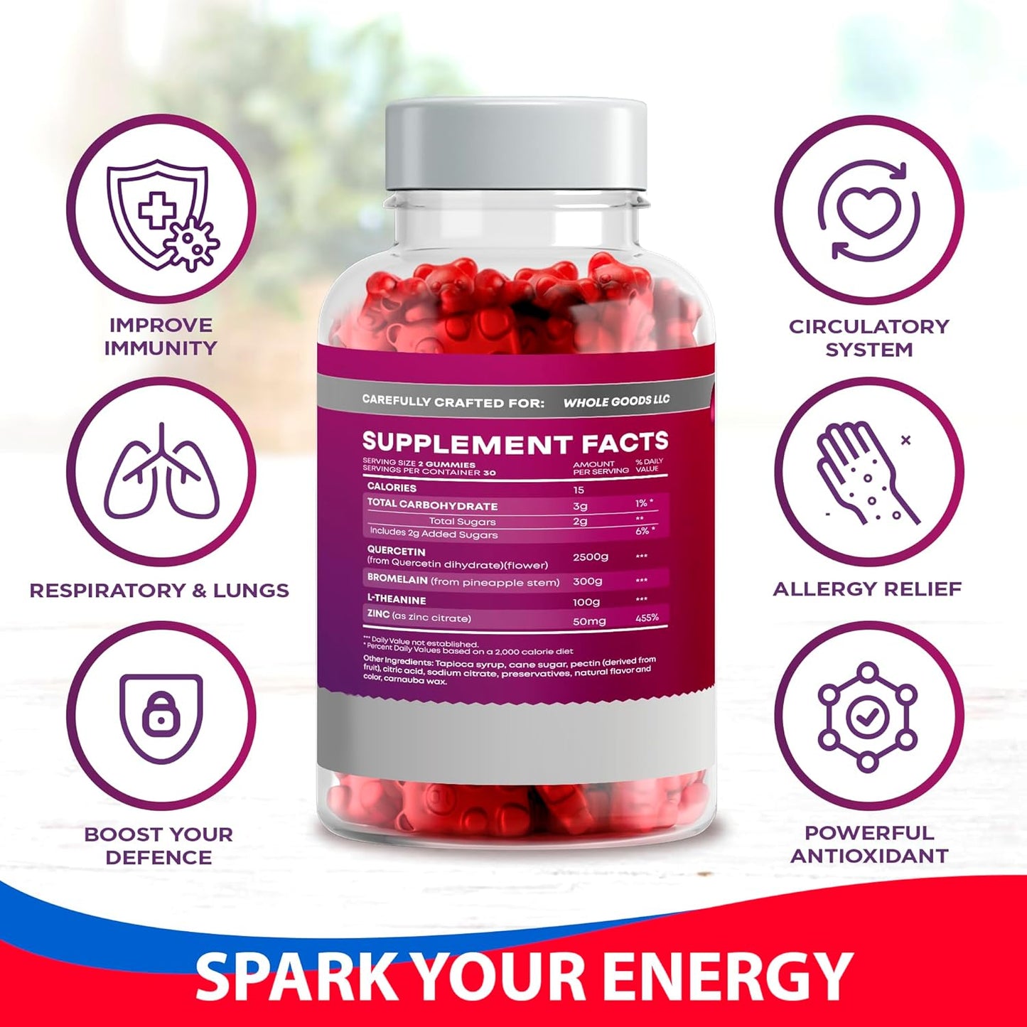 Immune Support Quercetin Gummies - 2500MG with Bromelain & L-Theanine for Allergy Relief & Lung Health - Kids & Adults