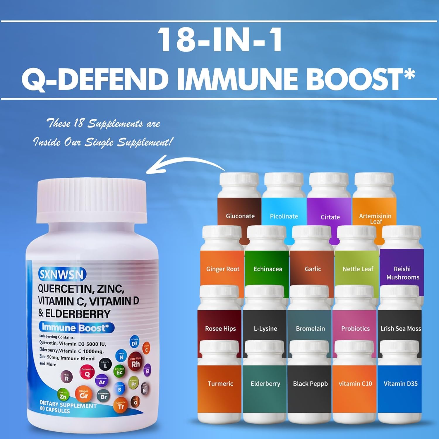 Immune Support Supplement for Adults with Quercetin, Zinc, Vitamin C, Vitamin D, Bromelain, Elderberry, Artemisinin, Sea Moss, Echinacea, Allergy Relief - 120 pieces