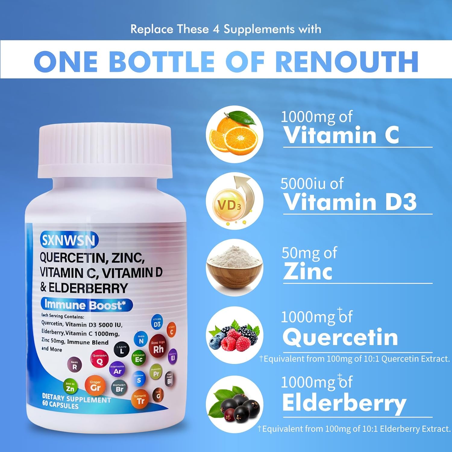 Immune Support Supplement for Adults with Quercetin, Zinc, Vitamin C, Vitamin D, Bromelain, Elderberry, Artemisinin, Sea Moss, Echinacea, Allergy Relief - 120 pieces