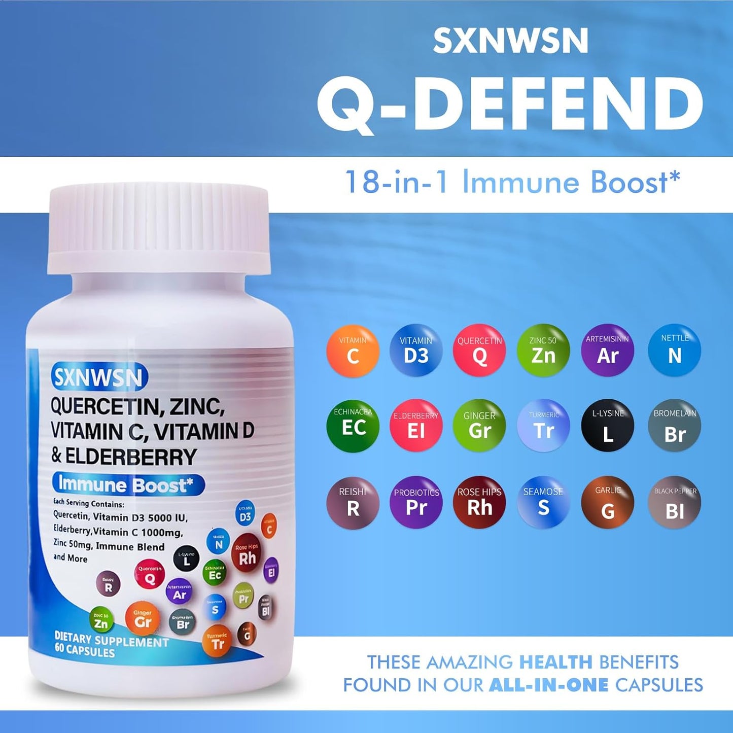 Immune Support Supplement for Adults with Quercetin, Zinc, Vitamin C, Vitamin D, Bromelain, Elderberry, Artemisinin, Sea Moss, Echinacea, Allergy Relief - 120 pieces