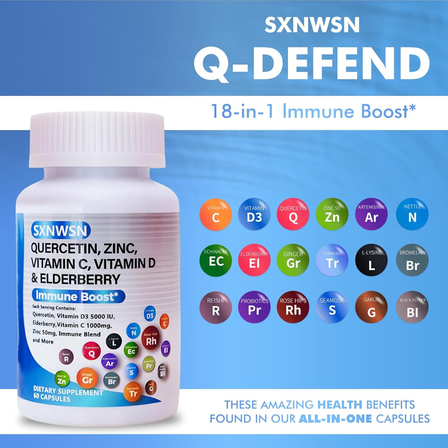 Immune Support Supplement for Adults with Quercetin, Zinc, Vitamin C, Vitamin D, Bromelain, Elderberry, Artemisinin, Sea Moss, Echinacea, Allergy Relief - 120 pieces