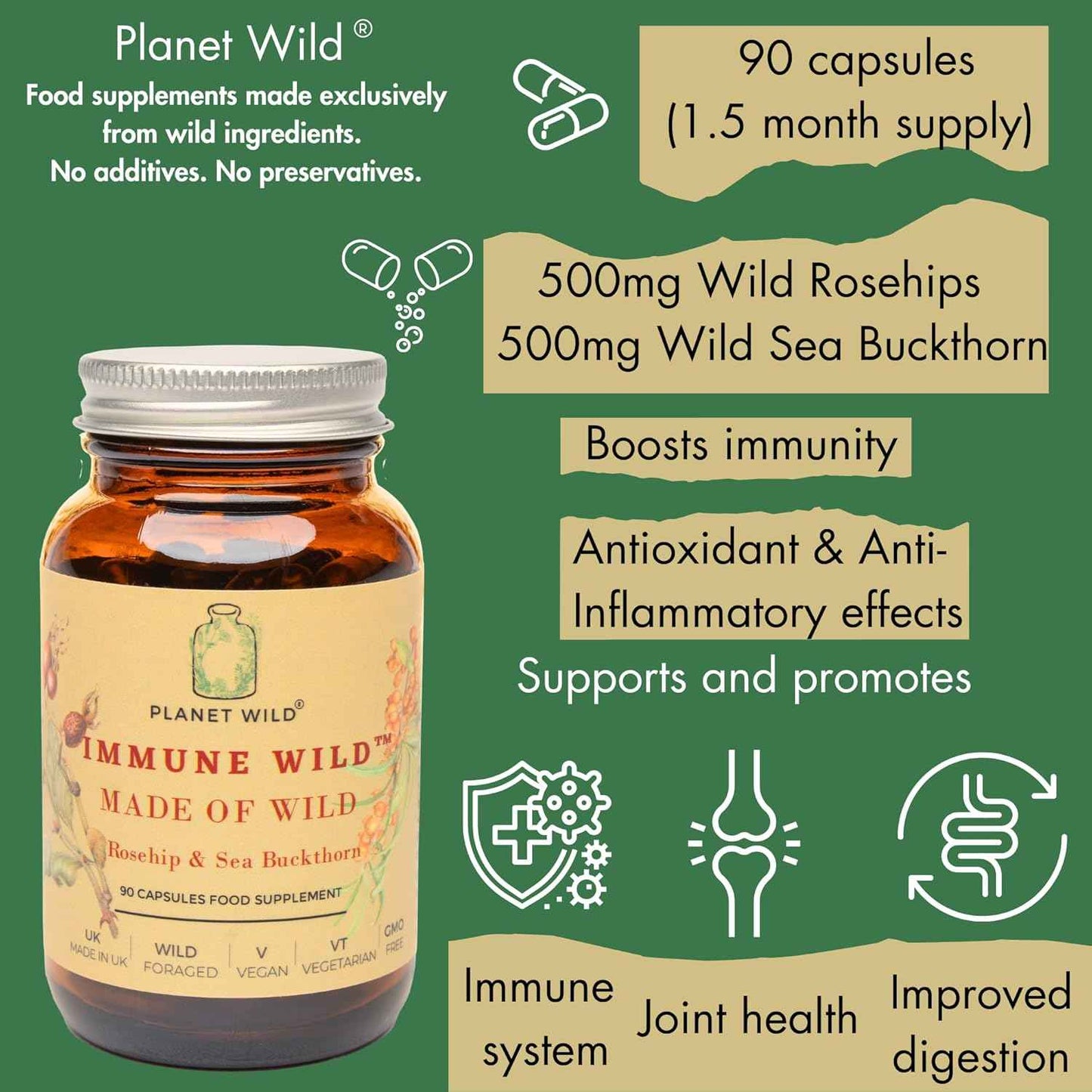 Immune Wild™| Wild Rosehip and SeaBuckthorn Formula for Immune Support | 90 Capsules | Made in UK | Rich in Omega Blend Fatty Acids, Multivitamins and Antioxidants | Zero Preservatives and Additives.