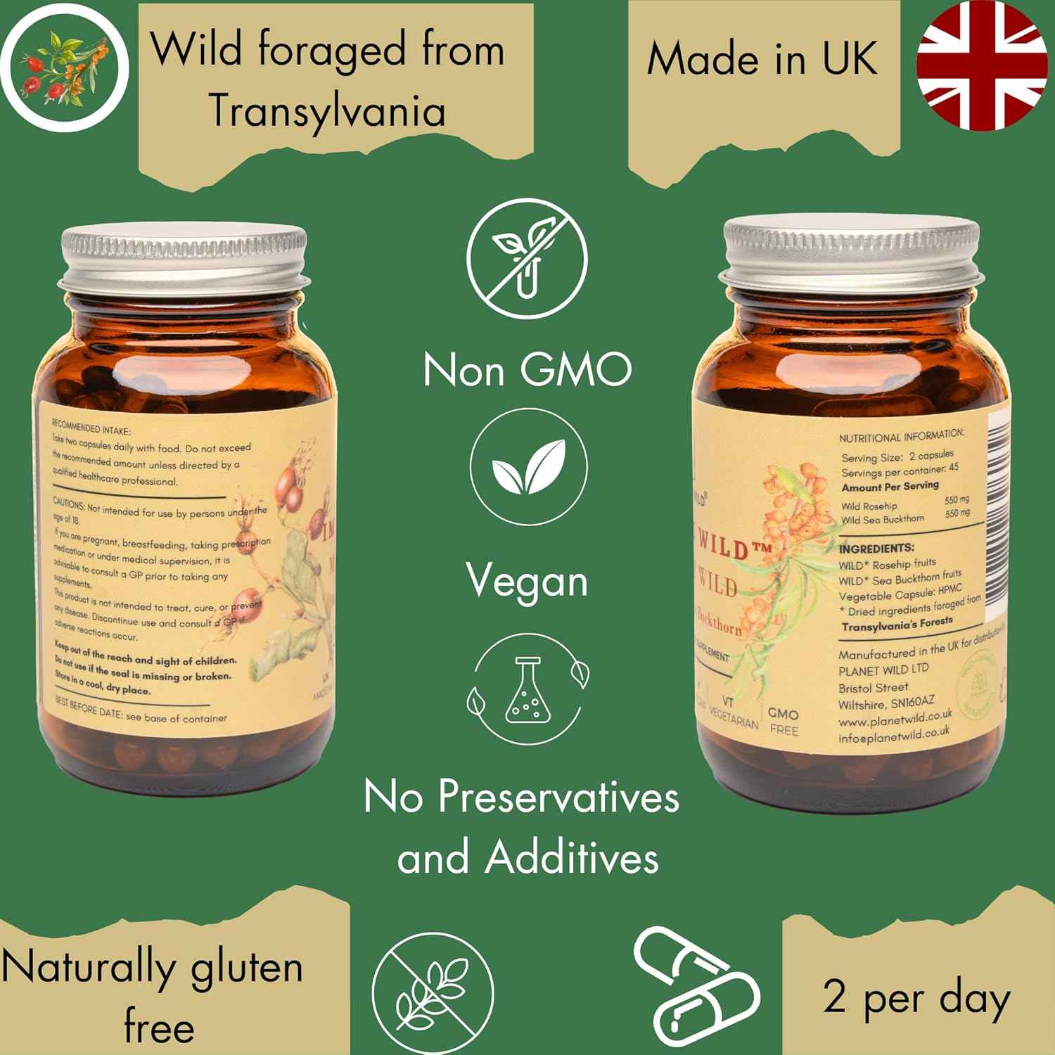 Immune Wild™| Wild Rosehip and SeaBuckthorn Formula for Immune Support | 90 Capsules | Made in UK | Rich in Omega Blend Fatty Acids, Multivitamins and Antioxidants | Zero Preservatives and Additives.