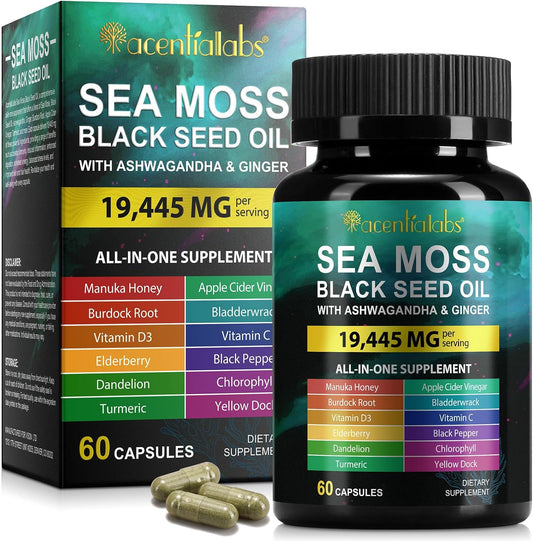 Immunity & Energy Boost Sea Moss Black Seed Oil Capsules with Ashwagandha Ginger Turmeric Vitamin D3 - 60 Count