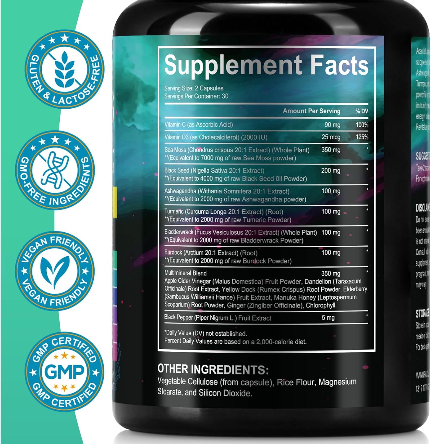 Immunity & Energy Boost Sea Moss Black Seed Oil Capsules with Ashwagandha Ginger Turmeric Vitamin D3 - 60 Count