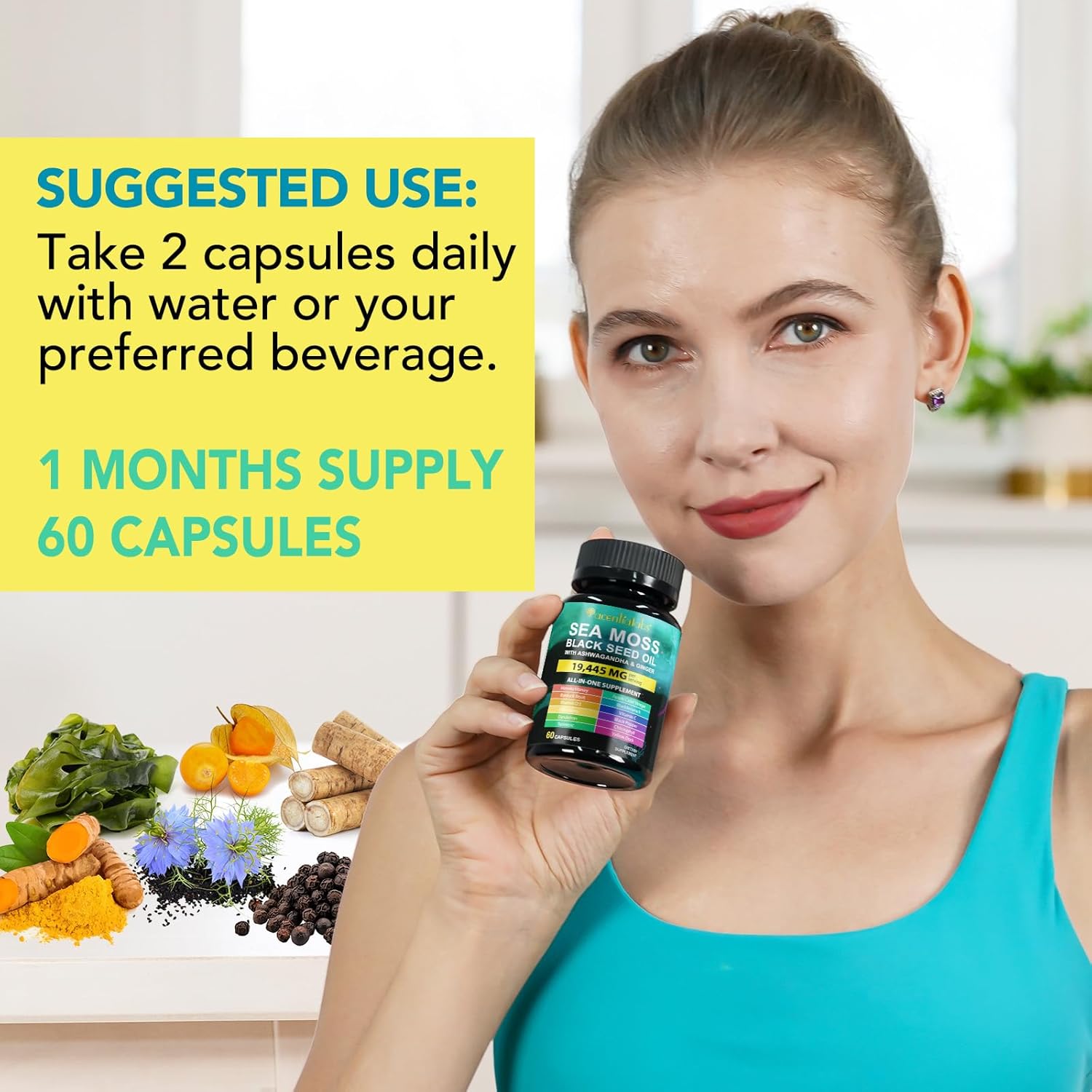 Immunity & Energy Boost Sea Moss Black Seed Oil Capsules with Ashwagandha Ginger Turmeric Vitamin D3 - 60 Count