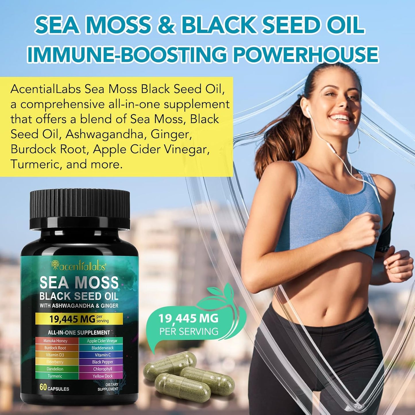 Immunity & Energy Boost Sea Moss Black Seed Oil Capsules with Ashwagandha Ginger Turmeric Vitamin D3 - 60 Count