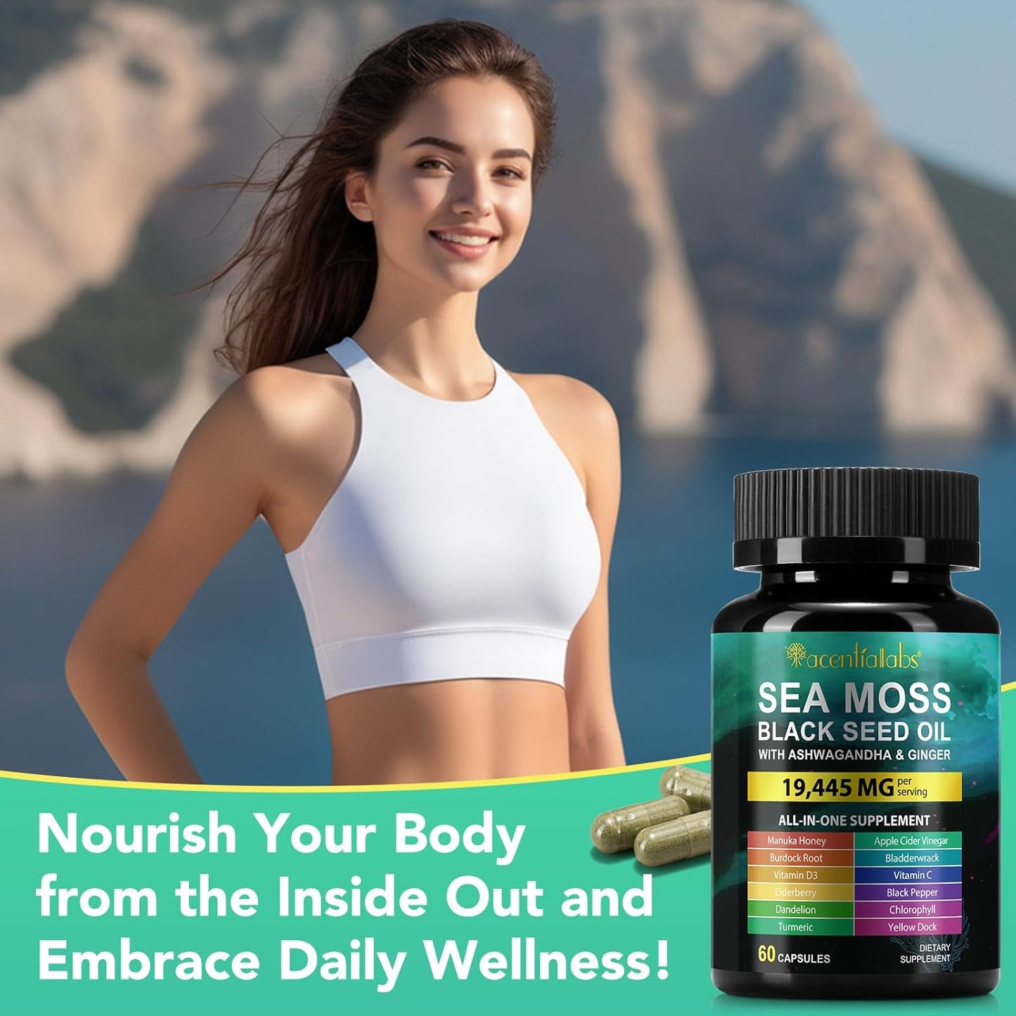 Immunity & Energy Boost Sea Moss Black Seed Oil Capsules with Ashwagandha Ginger Turmeric Vitamin D3 - 60 Count