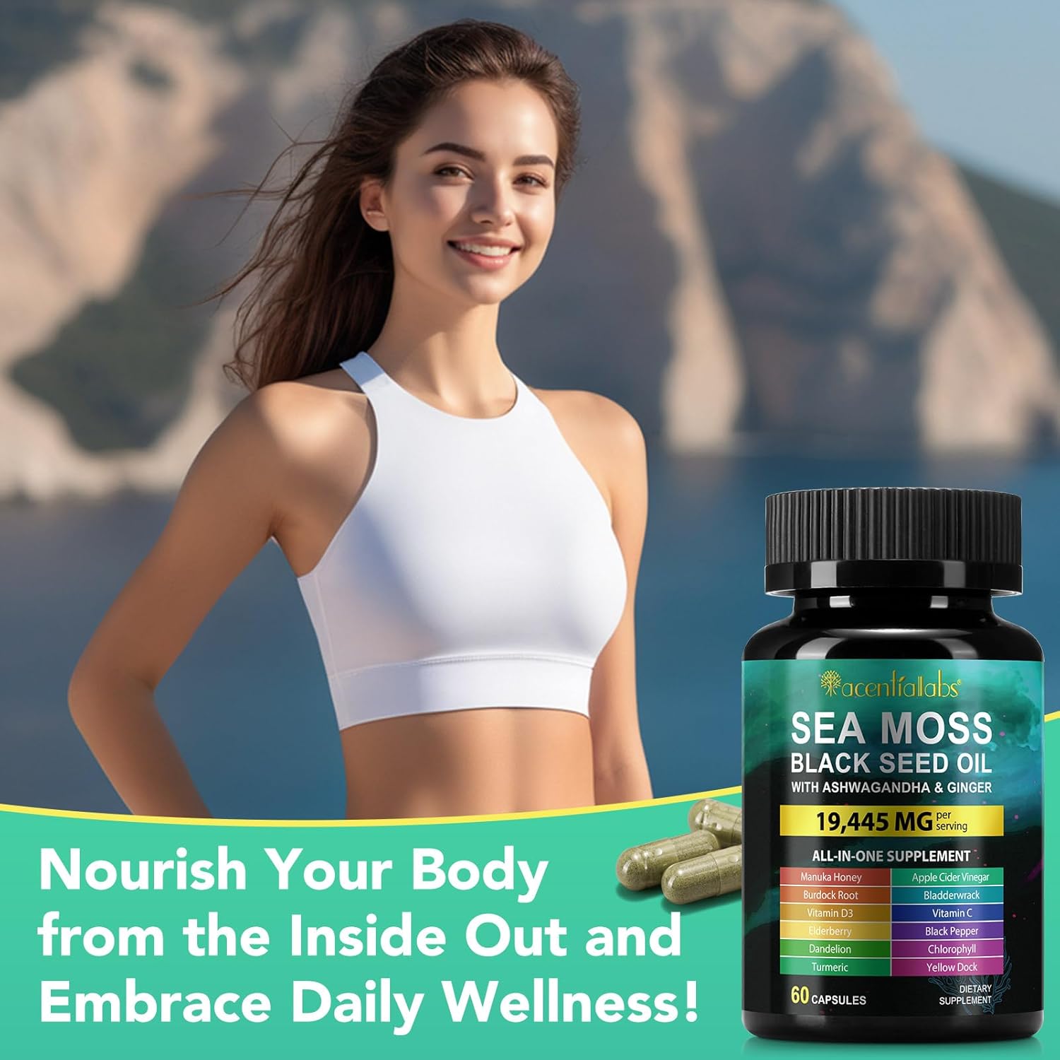 Immunity & Energy Boost Sea Moss Black Seed Oil Capsules with Ashwagandha Ginger Turmeric Vitamin D3 - 60 Count