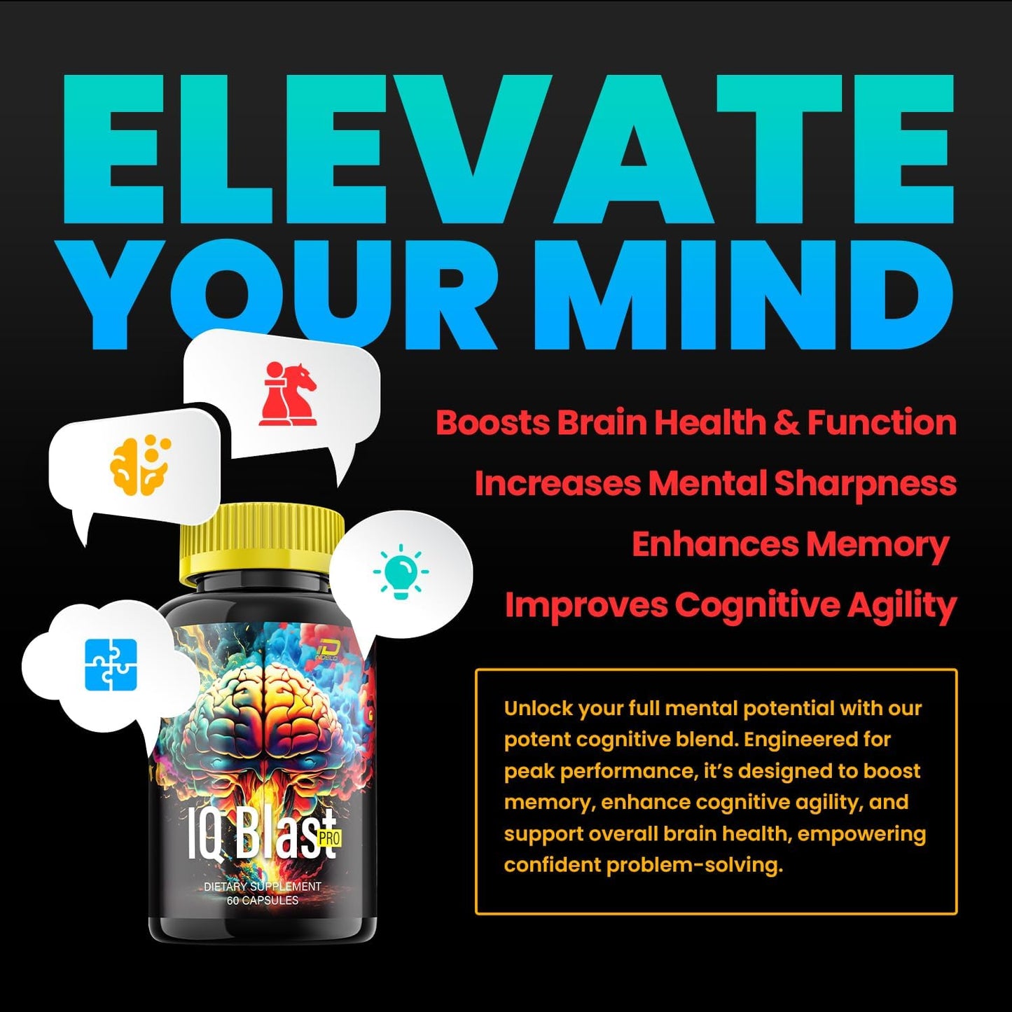 Indelo IQ Blast Pro Brain Supplement Capsules - All-Natural Maximum Strength Formula for Enhanced Memory and Focus - 60 Capsules