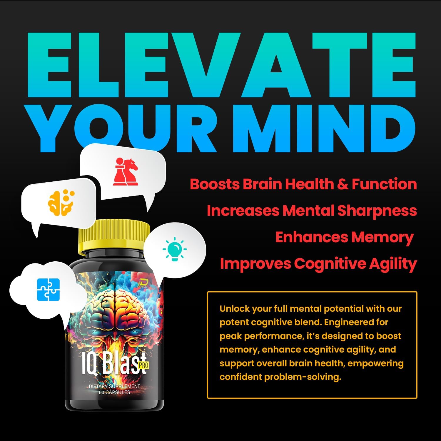 Indelo IQ Blast Pro Brain Supplement Capsules - All-Natural Maximum Strength Formula for Enhanced Memory and Focus - 60 Capsules