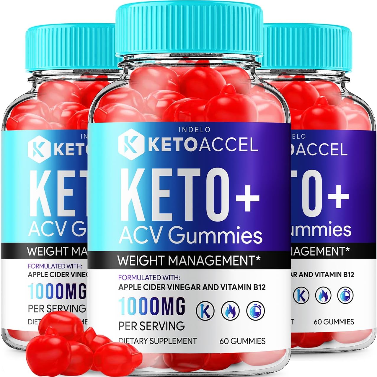 Indelo Keto Accel ACV Gummies - Advanced Weight Management B12 Formula - 1000mg (3 Pack - 180 Gummies)