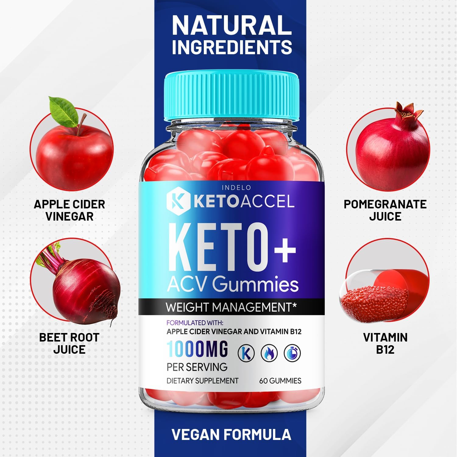 Indelo Keto Accel ACV Gummies - Advanced Weight Management B12 Formula - 1000mg (3 Pack - 180 Gummies)