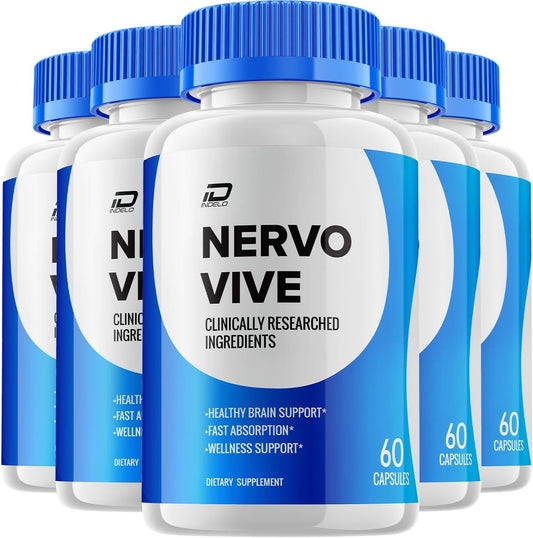 Indelo NervoVive Brain Supplement Capsules - All-Natural Memory and Focus Pills, Maximum Strength Formula for Nervo Support (5 Pack - 300 Capsules)