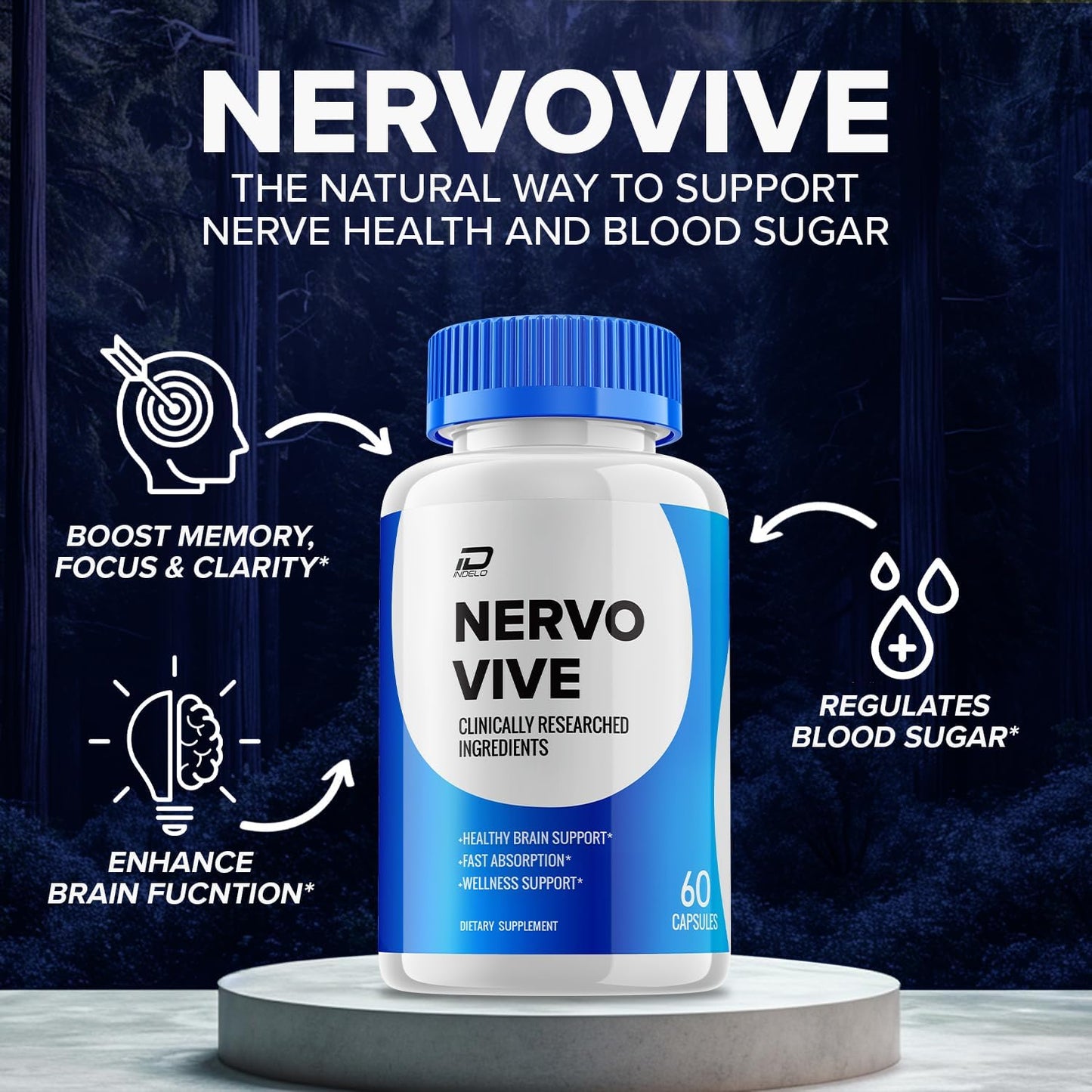 Indelo NervoVive Brain Supplement Capsules - All-Natural Memory and Focus Pills, Maximum Strength Formula for Nervo Support (5 Pack - 300 Capsules)