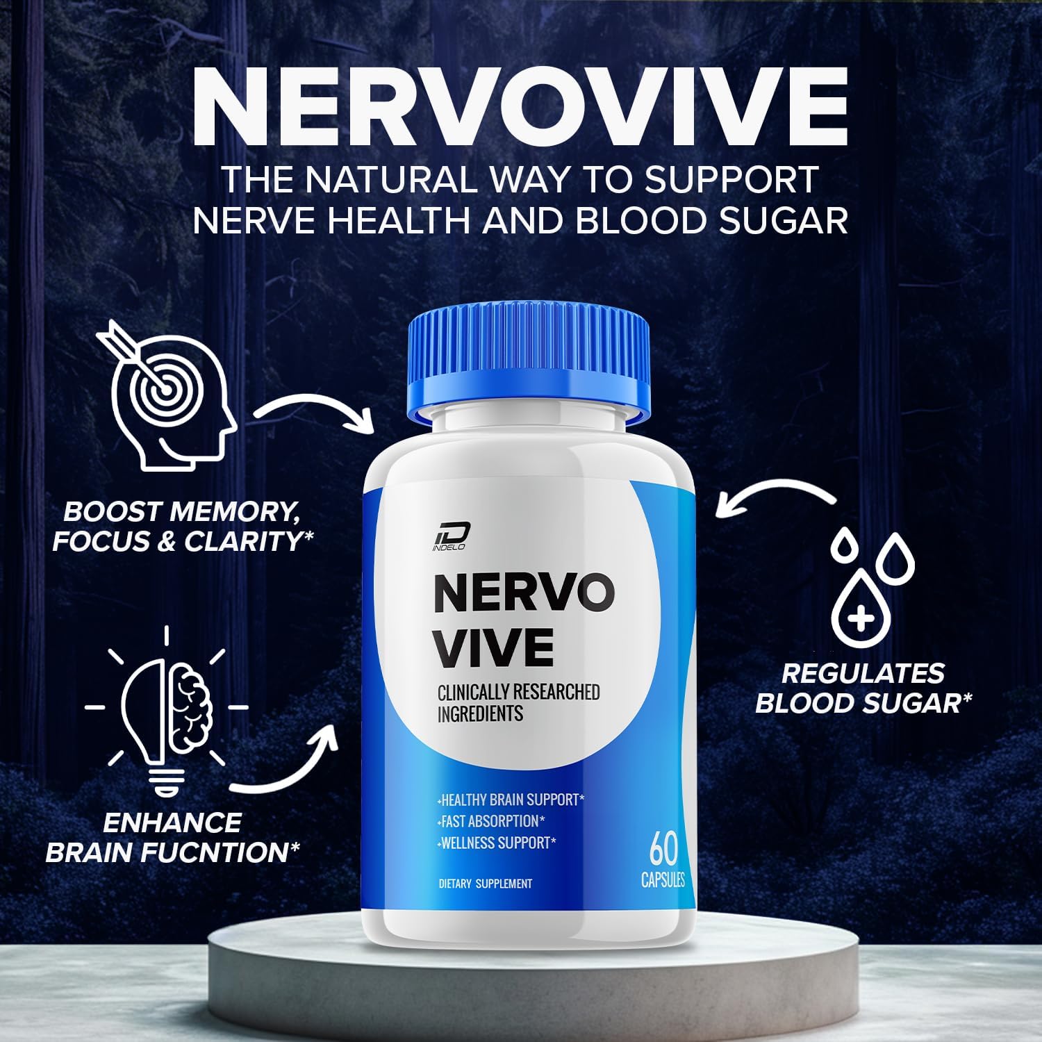 Indelo NervoVive Brain Supplement Capsules - All-Natural Memory and Focus Pills, Maximum Strength Formula for Nervo Support (5 Pack - 300 Capsules)