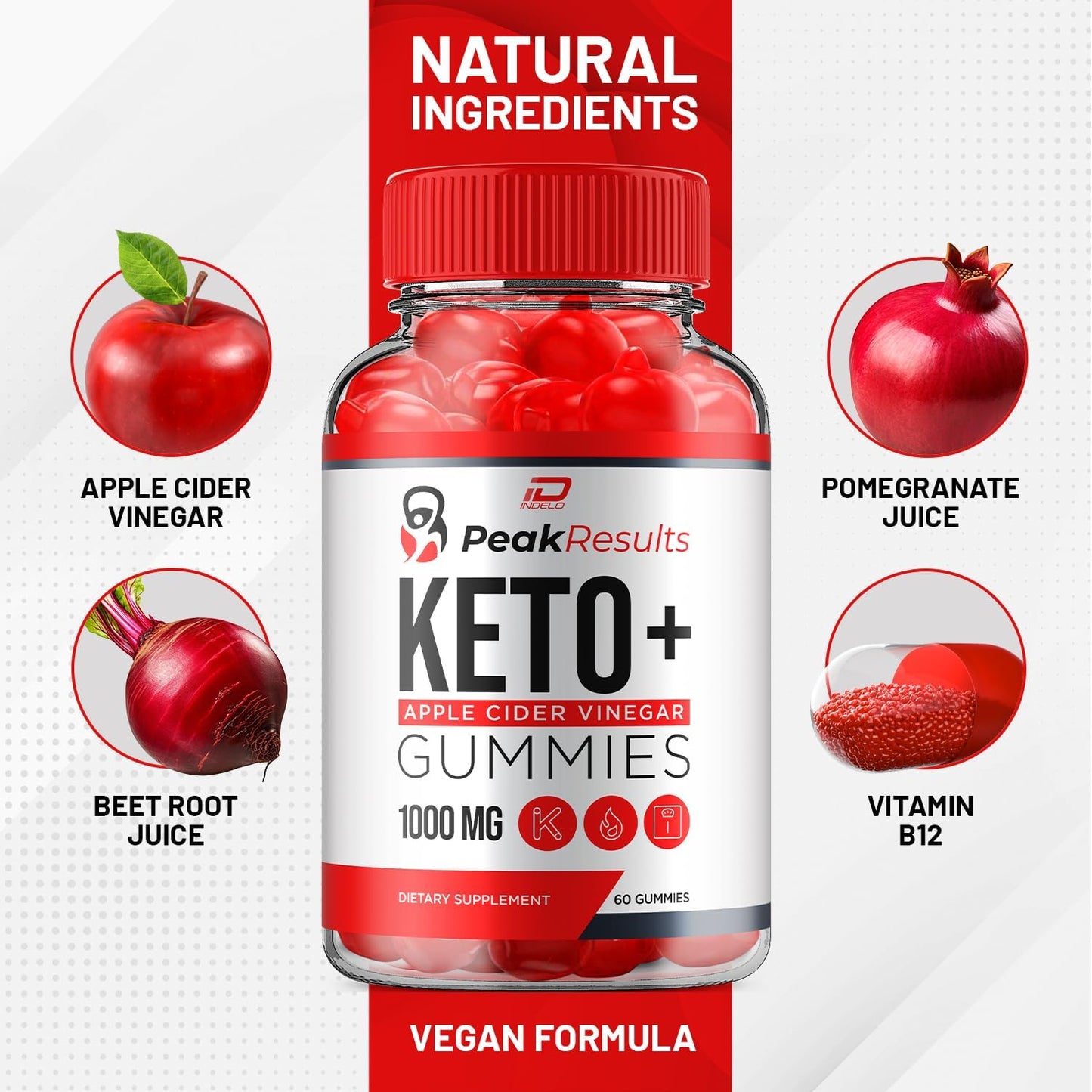 Indelo Peak Results Keto ACV Gummies - Apple Cider Vinegar 1000MG with Vitamin B12, 5 Pack - 300 Gummies, Reviews & Benefits