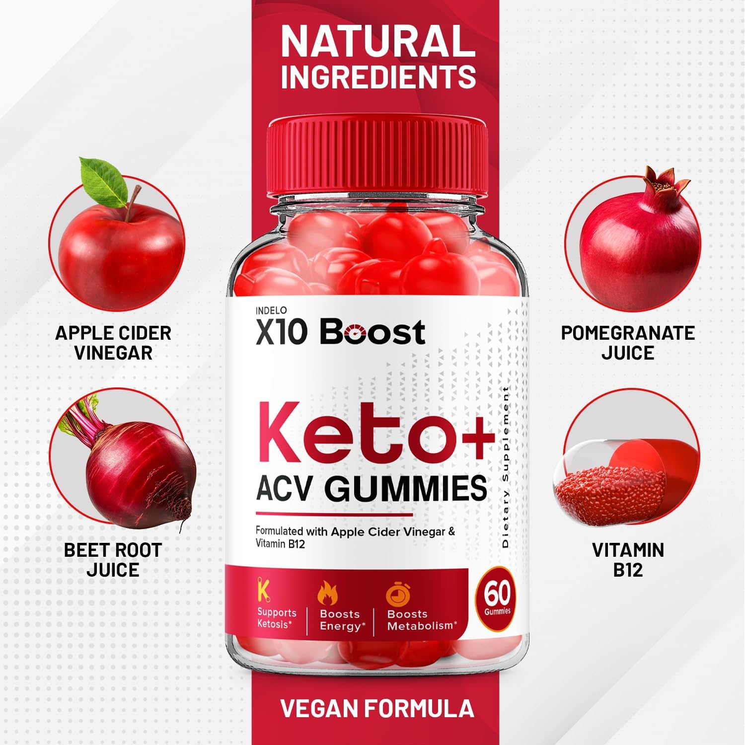 Indelo X10 Boost Keto Gummies with ACV for Weight Management - 1000mg B12 Formula (60 Gummies)