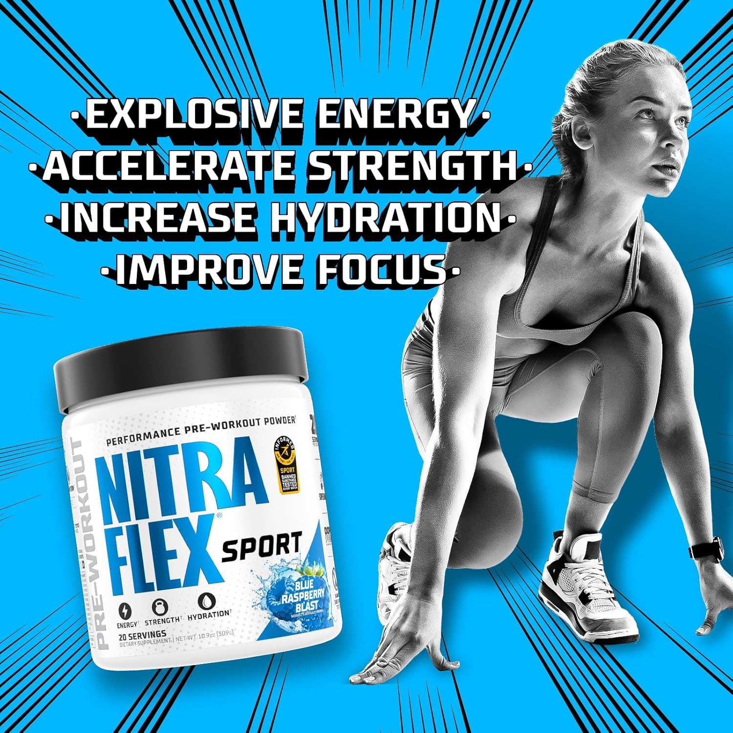 Informed Choice Certified Blue Raspberry Pre-Workout Powder with Hydration and Amino Acids for 20 Servings