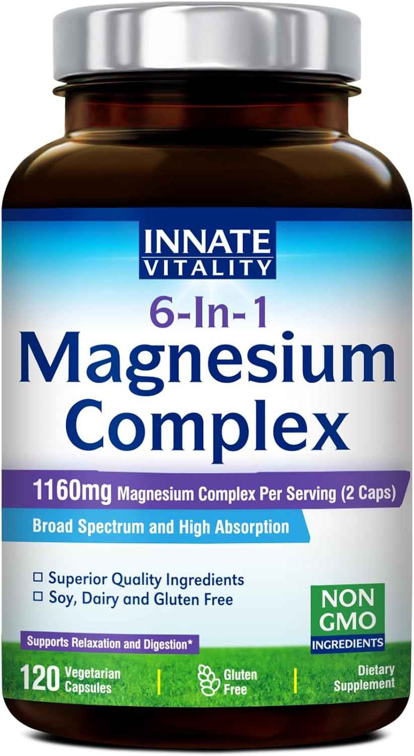 Innate Vitality Magnesium Complex 6-in-1, 1160mg Per Serving, Rest & Digestion, Magnesium Glycinate & Citrate, High Absorption, 120 Vegan Capsules
