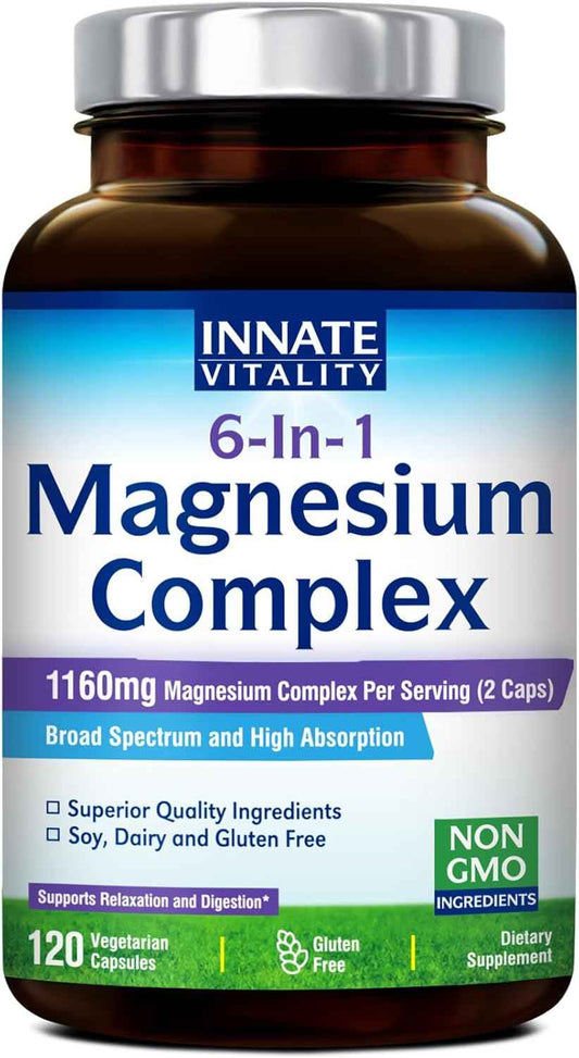 Innate Vitality Magnesium Complex 6-in-1, 1160mg Per Serving, Rest & Digestion, Magnesium Glycinate & Citrate, High Absorption, 120 Vegan Capsules