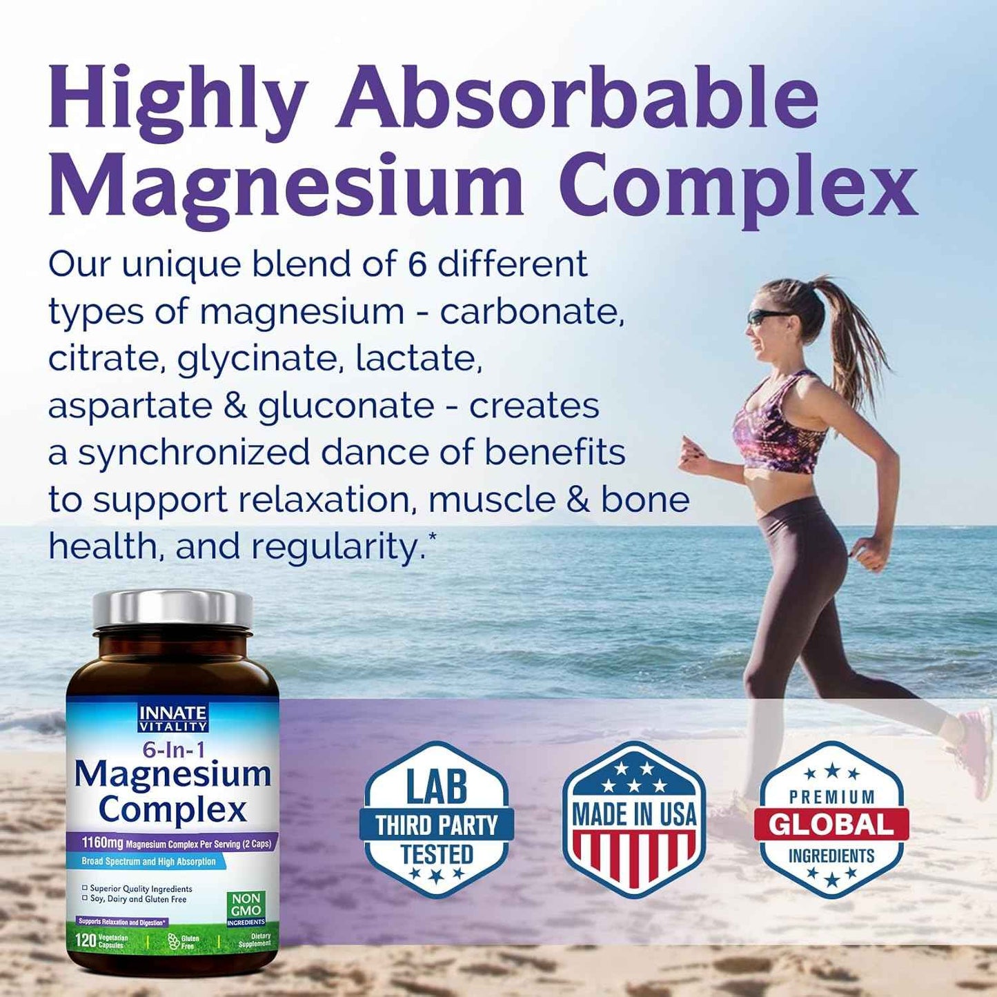 Innate Vitality Magnesium Complex 6-in-1, 1160mg Per Serving, Rest & Digestion, Magnesium Glycinate & Citrate, High Absorption, 120 Vegan Capsules