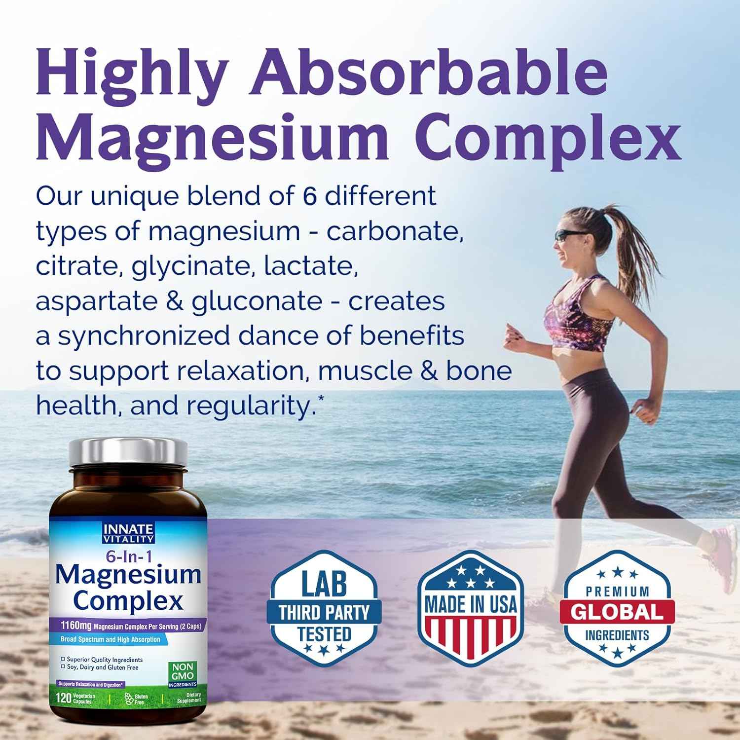 Innate Vitality Magnesium Complex 6-in-1, 1160mg Per Serving, Rest & Digestion, Magnesium Glycinate & Citrate, High Absorption, 120 Vegan Capsules