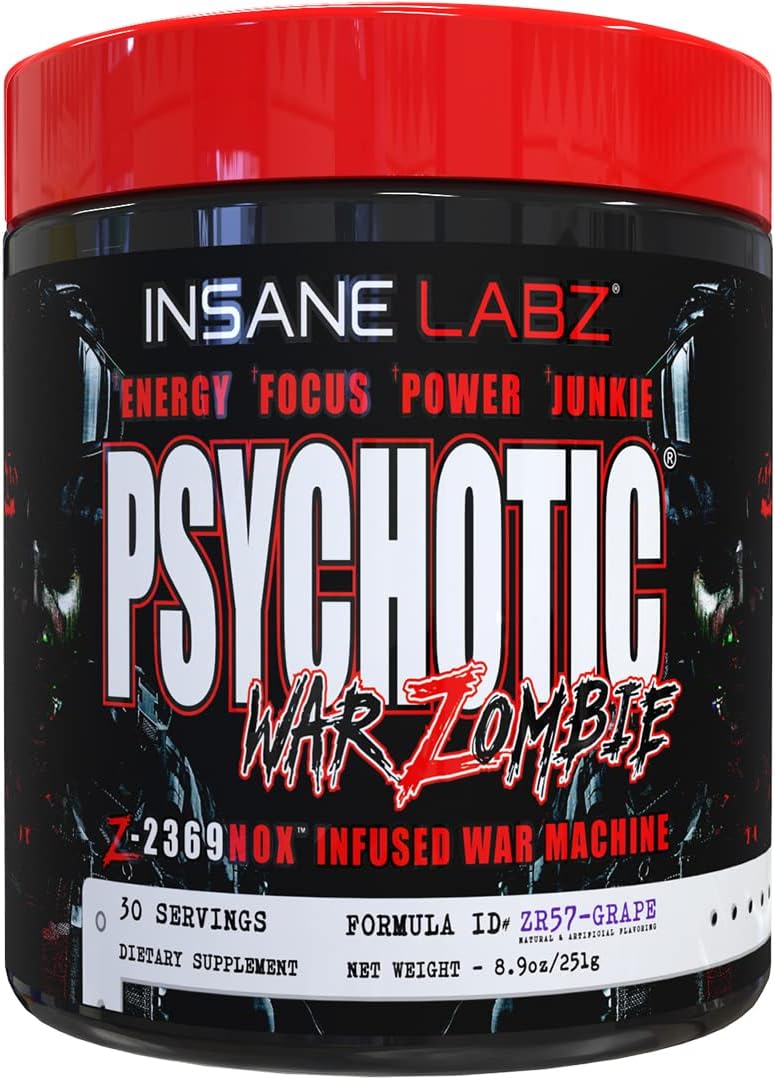 Insane Labz Psychotic War Zombie High Stimulant Pre Workout Powder - Grape Flavor, 30 Servings - Extreme Energy, Focus, and Pump Booster with Beta Alanine and L-Arginine