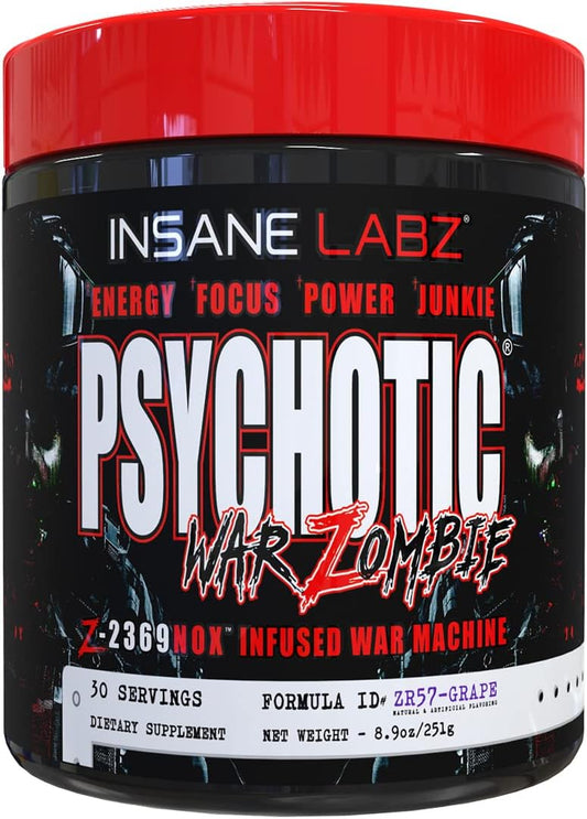 Insane Labz Psychotic War Zombie High Stimulant Pre Workout Powder - Grape Flavor, 30 Servings - Extreme Energy, Focus, and Pump Booster with Beta Alanine and L-Arginine