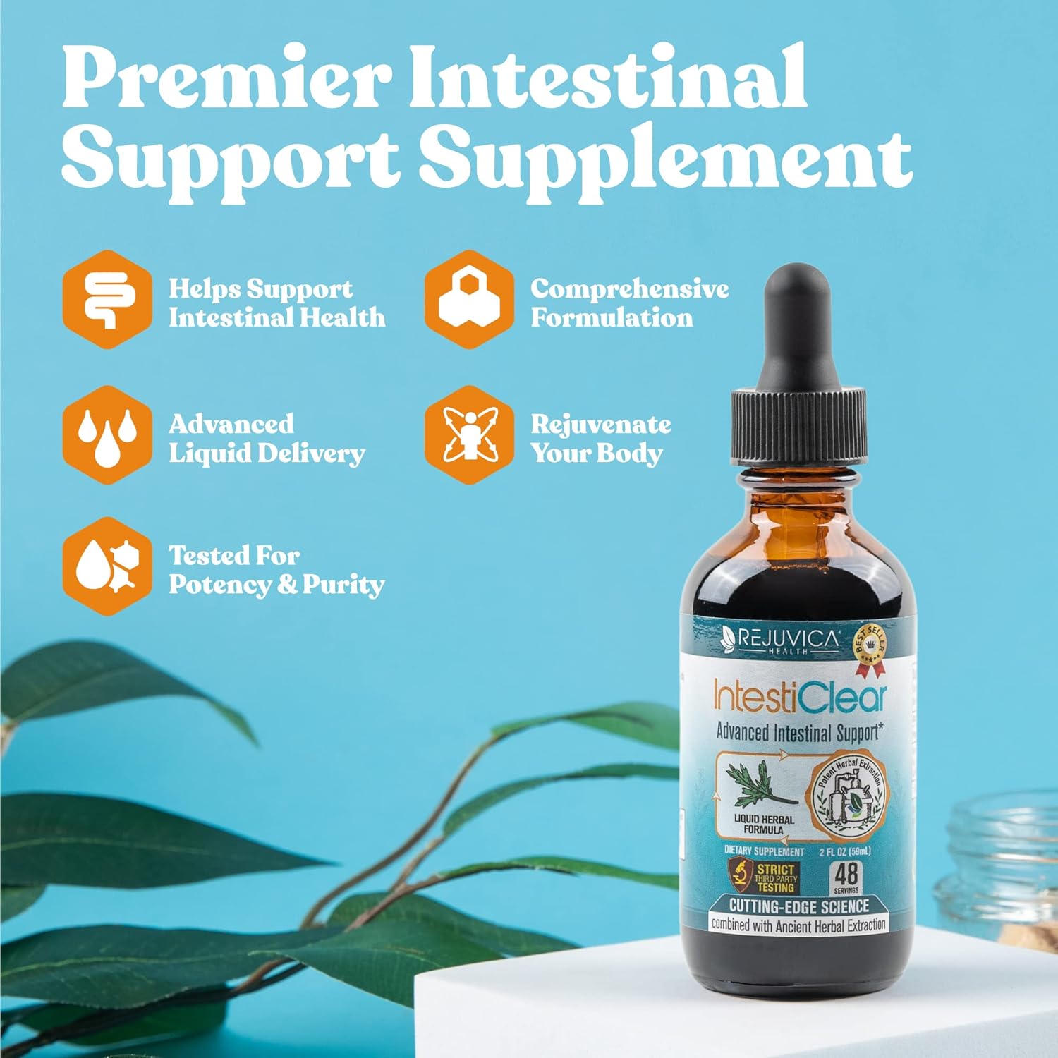 IntestiClear by Rejuvica Health: Herbal Liquid Intestinal Cleanse with Liver Support - Wormwood, Black Walnut, Ginger - Fast Absorption