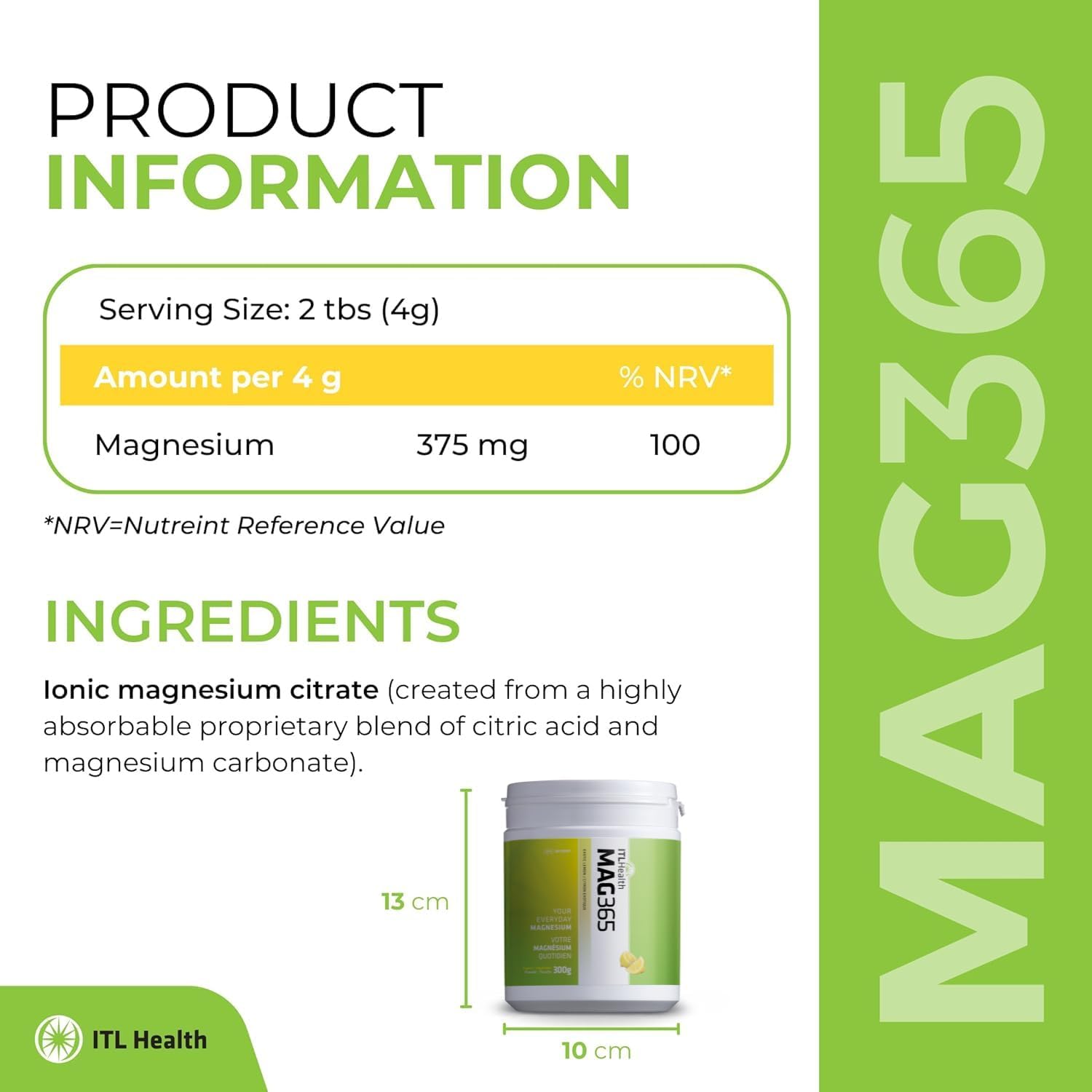 Ionic Magnesium Citrate Supplement for Healthy Metabolism, Bone Development, and Muscle Function | MAG365 Exotic Lemon 300g