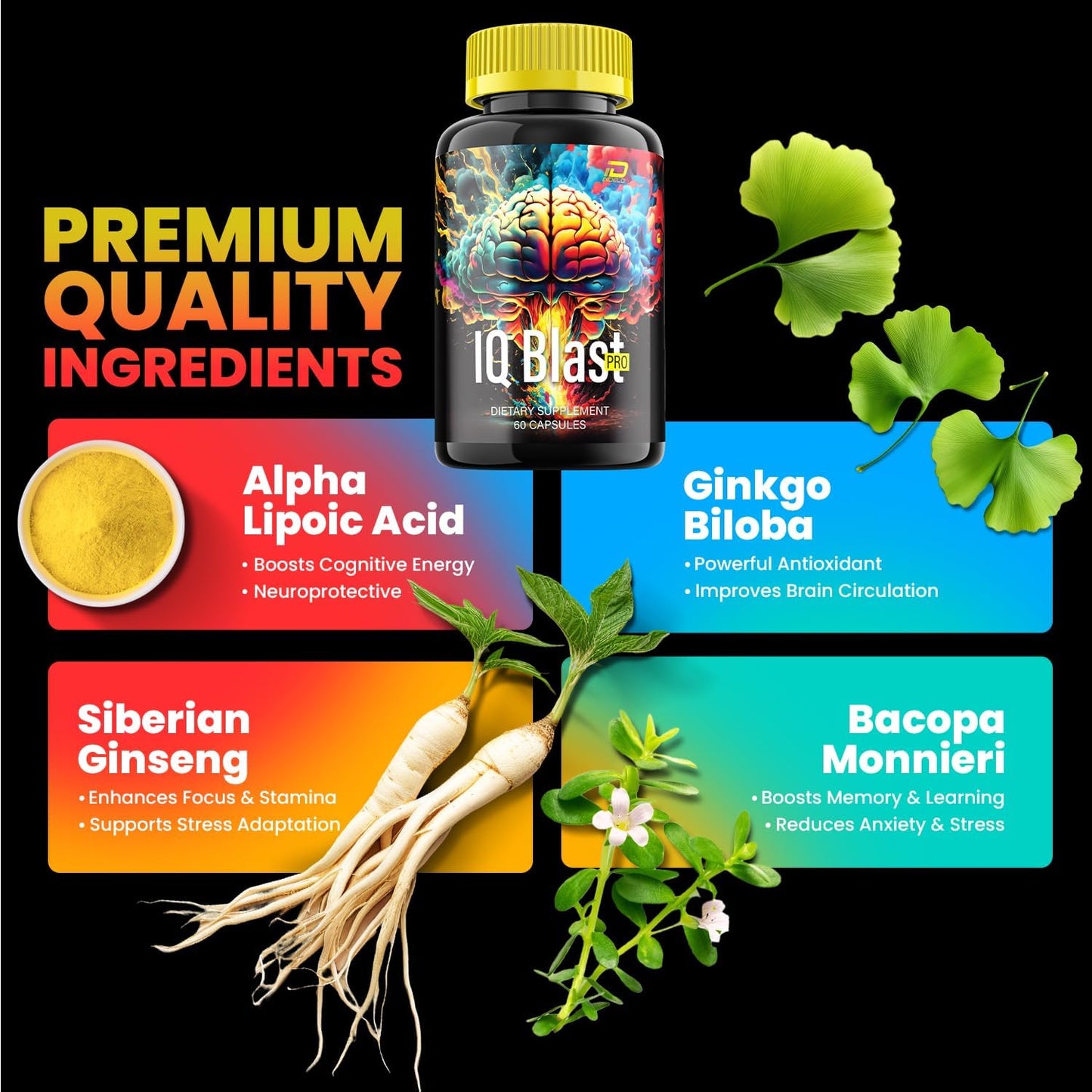 IQ Blast Pro Brain Supplement Capsules - 180 Capsules of All-Natural Maximum Strength Formula for Enhanced Memory and Focus - Support and Reviews included