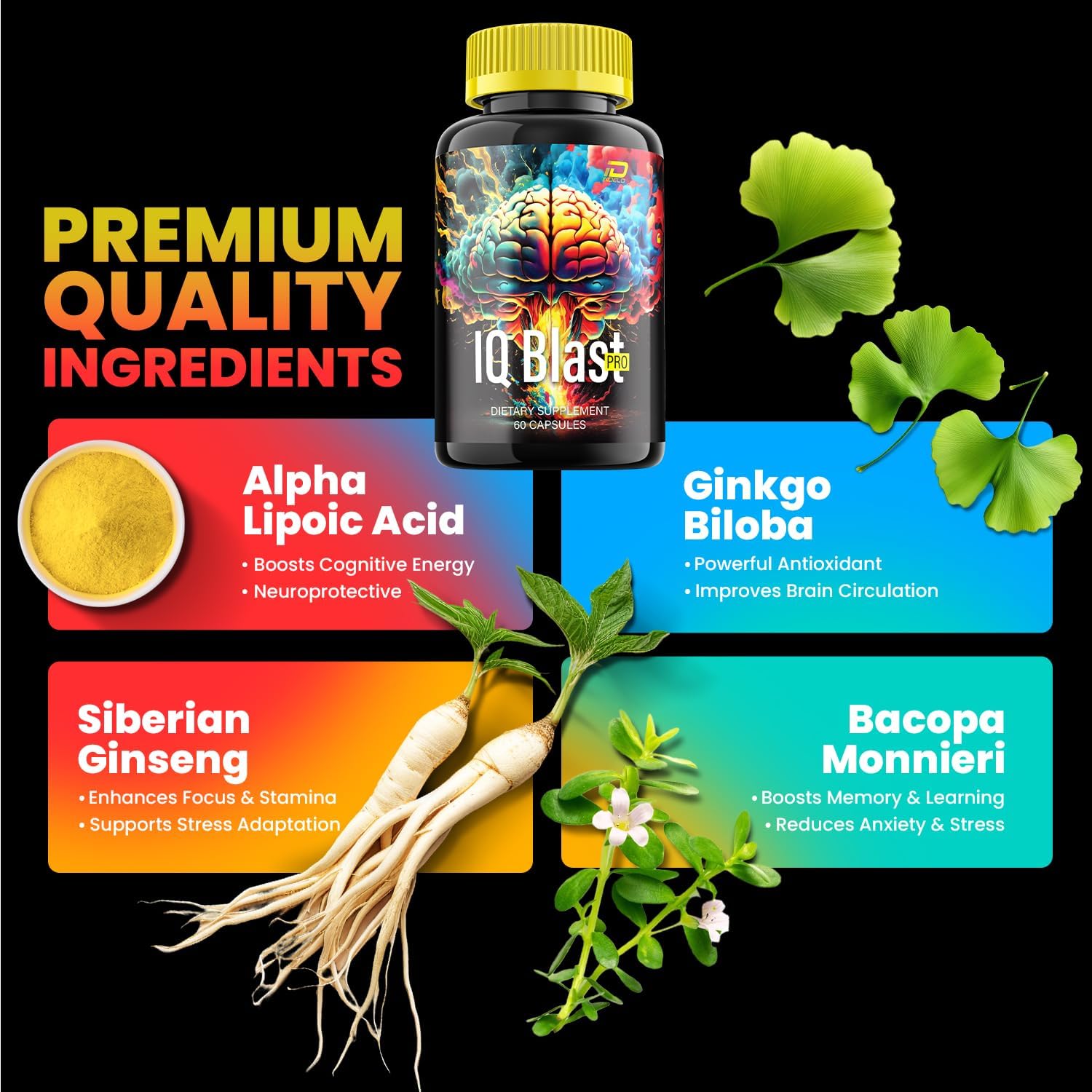 IQ Blast Pro Brain Supplement Capsules - 180 Capsules of All-Natural Maximum Strength Formula for Enhanced Memory and Focus - Support and Reviews included