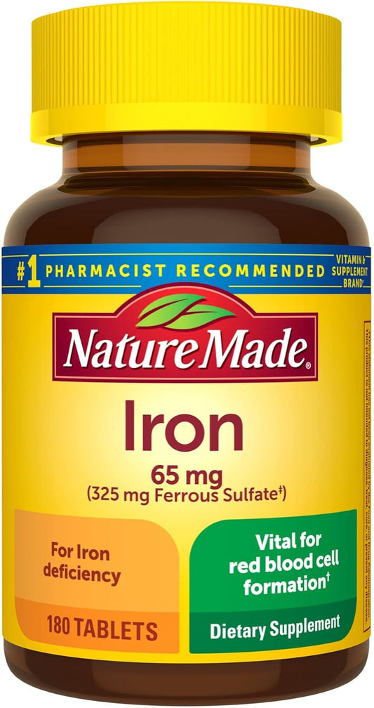 Iron 65 mg (325mg Ferrous Sulfate) Tablets - 180 Count for Iron Deficiency, Energy Support, Non-GMO