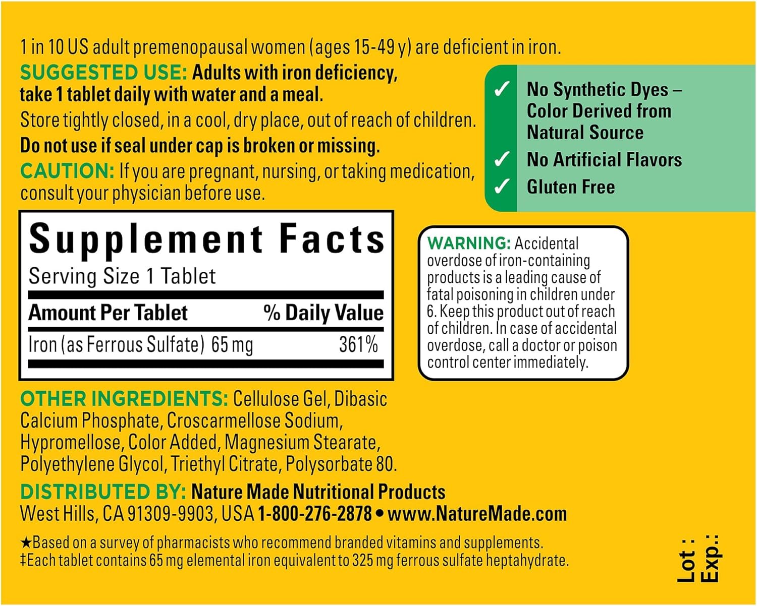 Iron 65 mg (325mg Ferrous Sulfate) Tablets - 180 Count for Iron Deficiency, Energy Support, Non-GMO