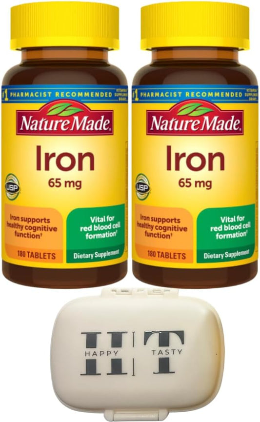 Iron 65 mg Dietary Supplement for Red Blood Cell Support, 180 Tablets, 2-Pack Bundle with Travel Pillow Case