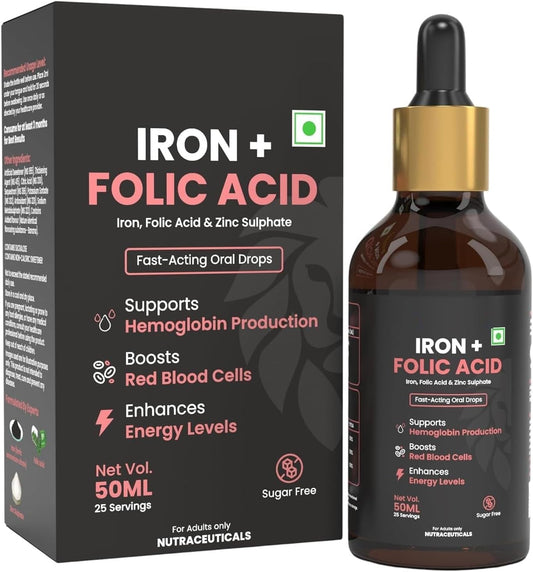 Iron and Folic Acid Drops with Zinc - Liquid Supplement for Fast Hemoglobin Boost - Non-Constipating Formula for Men and Women - 50ml