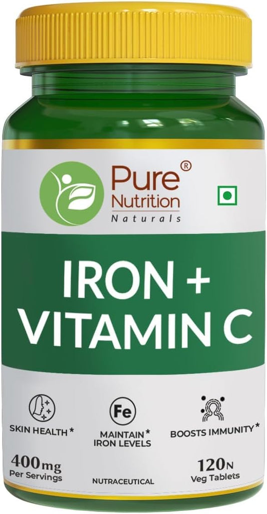 Iron and Vitamin C Supplement for Men and Women - 120 Veg Tablets | Promotes Haemoglobin Production, Skin Health, Immunity, and Iron Levels