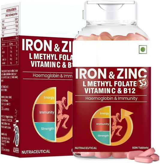 Iron and Zinc Tablets with Vitamin C and B12 - Boost Immunity and Hemoglobin, Increase HB Level, Support Healthy Iron Levels, Reduce Fatigue, Improve Respiratory Health and Energy - 60 Tablets