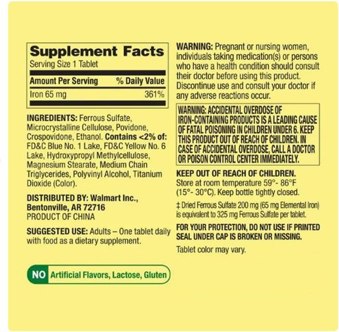 Iron Dietary Supplement Tablets for General Wellness - 65 mg, 100 Count