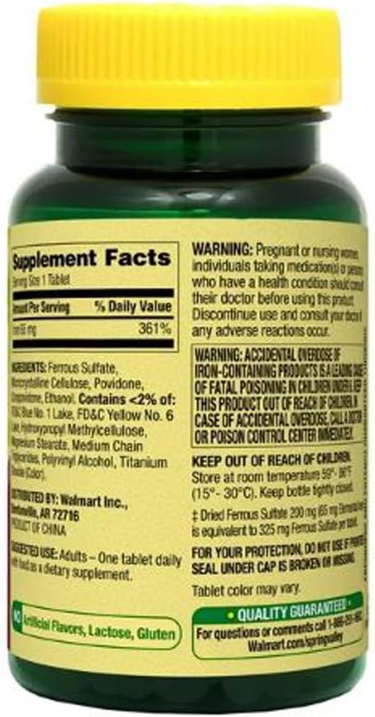 Iron Dietary Supplement Tablets for General Wellness - 65 mg, 100 Count