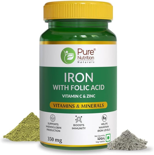 Iron Folic Acid Supplement with Zinc, Vitamin C, B12 - 120 Veg Tablets for Men & Women | Promotes Haemoglobin Production, Immunity & Iron Levels