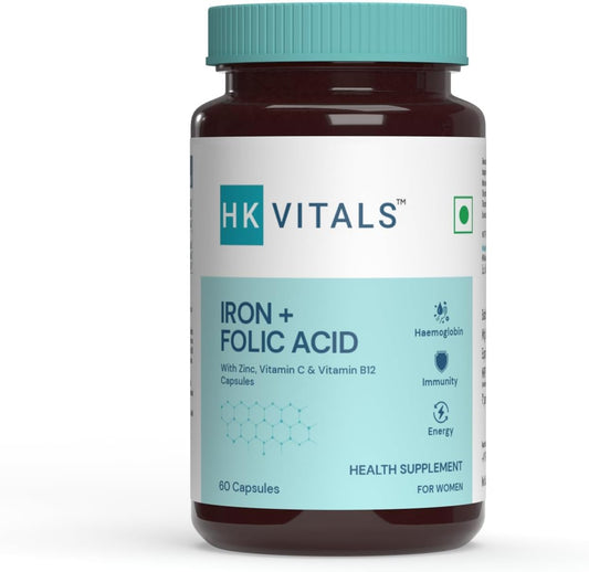Iron Folic Acid Supplement with Zinc, Vitamin C, B12 - Supports Immunity, Energy, and Building - 60 Tablets