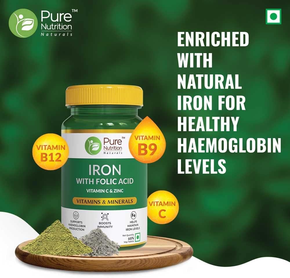 Iron Folic Acid Supplement with Zinc, Vitamin C & B12 - 60 Veg Tablets for Men & Women | Supports Haemoglobin, Boosts Immunity & Maintains Iron Levels