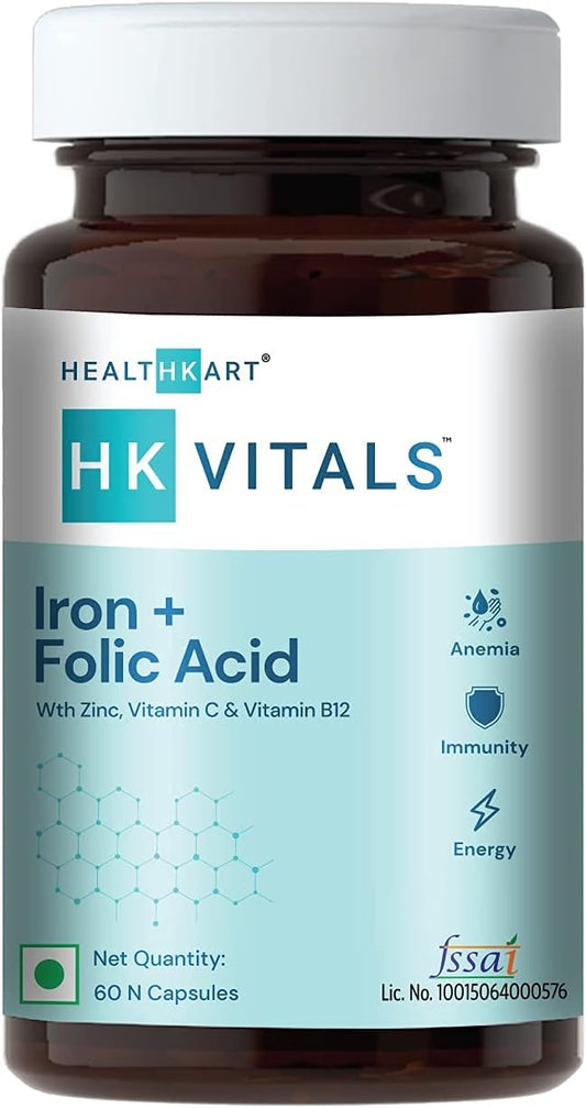 Iron Folic Acid Supplement with Zinc, Vitamin C, Vitamin B12 for Blood Building, Immunity, Energy - 60 Tablets