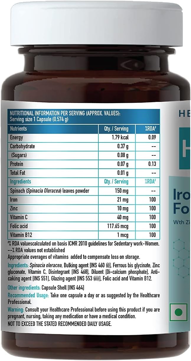 Iron Folic Acid Supplement with Zinc, Vitamin C, Vitamin B12 for Blood Building, Immunity, Energy - 60 Tablets