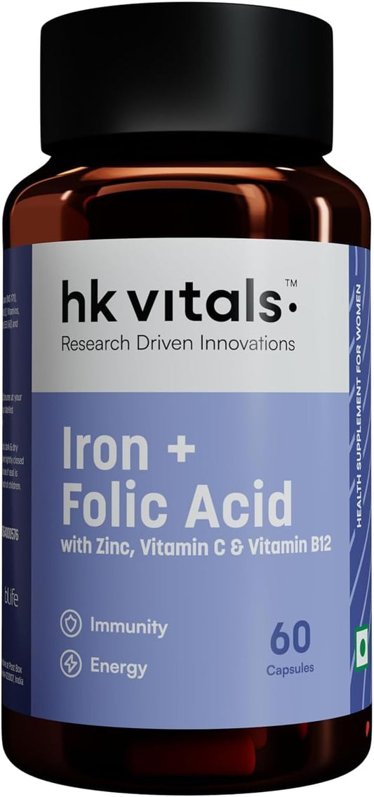 Iron + Folic Acid with Zinc, Vitamin C & B12 Supplement - 60 Capsules for Blood Building, Immunity, and Energy Boost