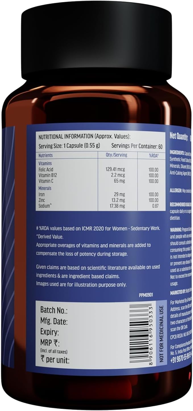 Iron + Folic Acid with Zinc, Vitamin C & B12 Supplement - 60 Capsules for Blood Building, Immunity, and Energy Boost